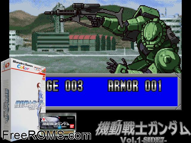 Kidou Senshi Gundam Vol.1 side 7 (J) [!] Wonderswan game showing 3D box cover and gameplay screenshot